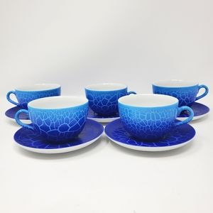 VTG AB Poland Blue Ombre Crackle Tea Cup and Saucers, set of 5